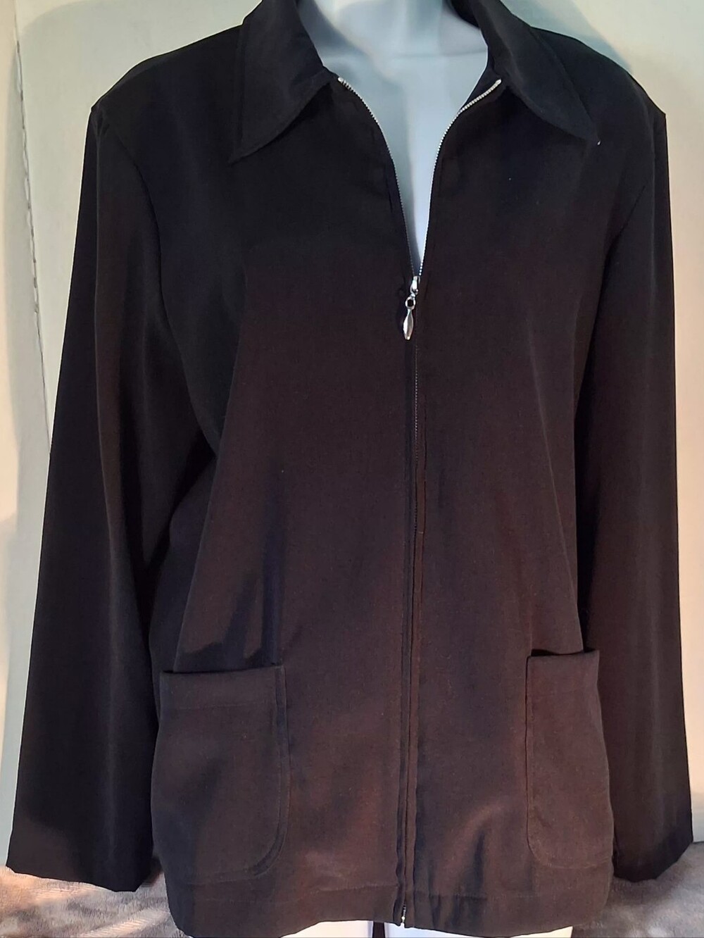 Women's Notations Black Zip-Front Soft Comfy Casual Collared Jacket With Pkts L